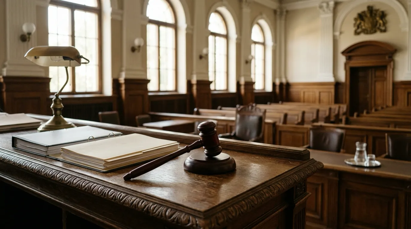 Empty hearing room with a gavel resting beside closed binders on a wooden bench